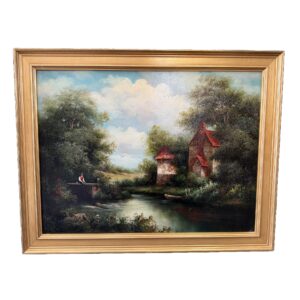 Original Oil on Canvas of Man Fishing at Mill