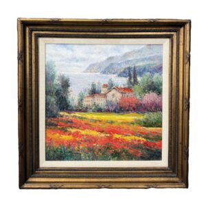 Original Oil on Canvas of Coastal Villa with Wildflower Field by W. Eddie