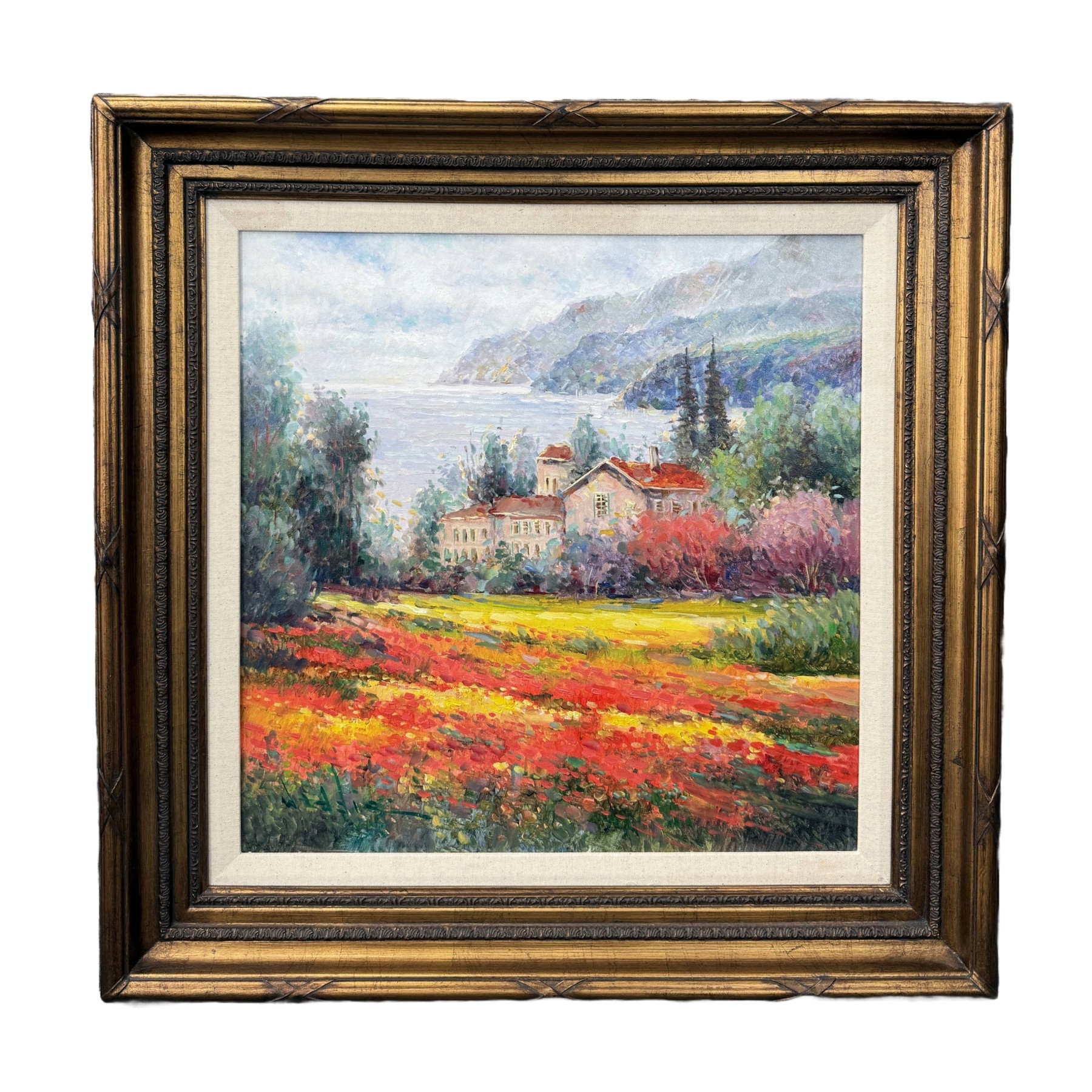 Original Oil on Canvas of Coastal Villa with Wildflower Field by W. Eddie Original Oil on Canvas of Coastal Villa with Wildflower Field by W. Eddie