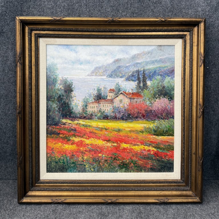 Original Oil on Canvas of Coastal Villa with Wildflower Field by W. Eddie Original Oil on Canvas of Coastal Villa with Wildflower Field by W. Eddie