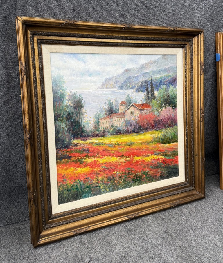 Original Oil on Canvas of Coastal Villa with Wildflower Field by W. Eddie Original Oil on Canvas of Coastal Villa with Wildflower Field by W. Eddie