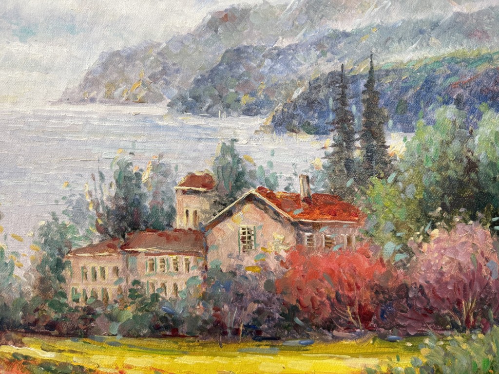 Original Oil on Canvas of Coastal Villa with Wildflower Field by W. Eddie Original Oil on Canvas of Coastal Villa with Wildflower Field by W. Eddie