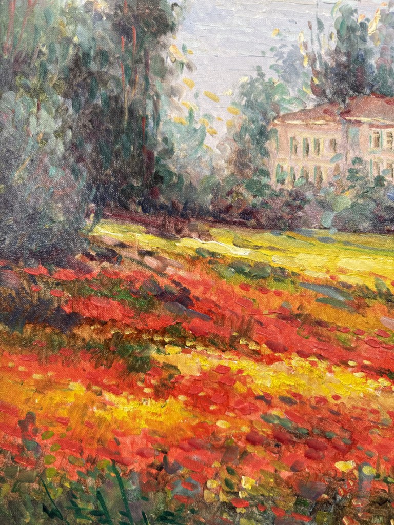 Original Oil on Canvas of Coastal Villa with Wildflower Field by W. Eddie Original Oil on Canvas of Coastal Villa with Wildflower Field by W. Eddie