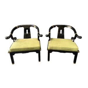 Pair of Vintage James Mont-Style Black Lacquered Horseshoe Chairs