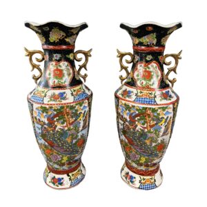 Pair of Tall Oriental Moriage Floral Porcelain Floor Vases