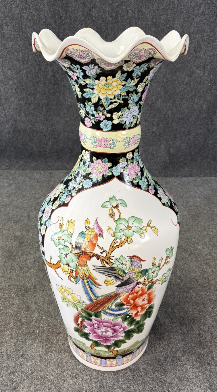 Monumental Asian Palace Vases with Birds and Flowers with Yellow Banding Monumental Asian Palace Vases with Birds and Flowers with Yellow Banding