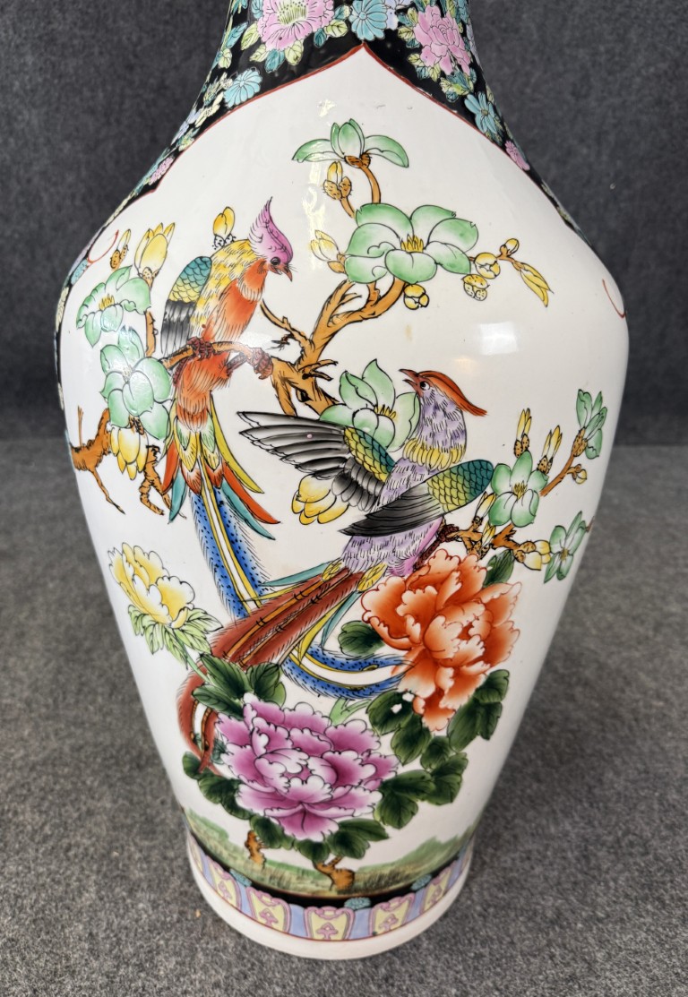 Monumental Asian Palace Vases with Birds and Flowers with Yellow Banding Monumental Asian Palace Vases with Birds and Flowers with Yellow Banding