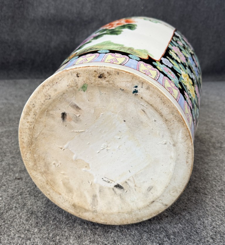 Monumental Asian Palace Vases with Birds and Flowers with Yellow Banding Monumental Asian Palace Vases with Birds and Flowers with Yellow Banding