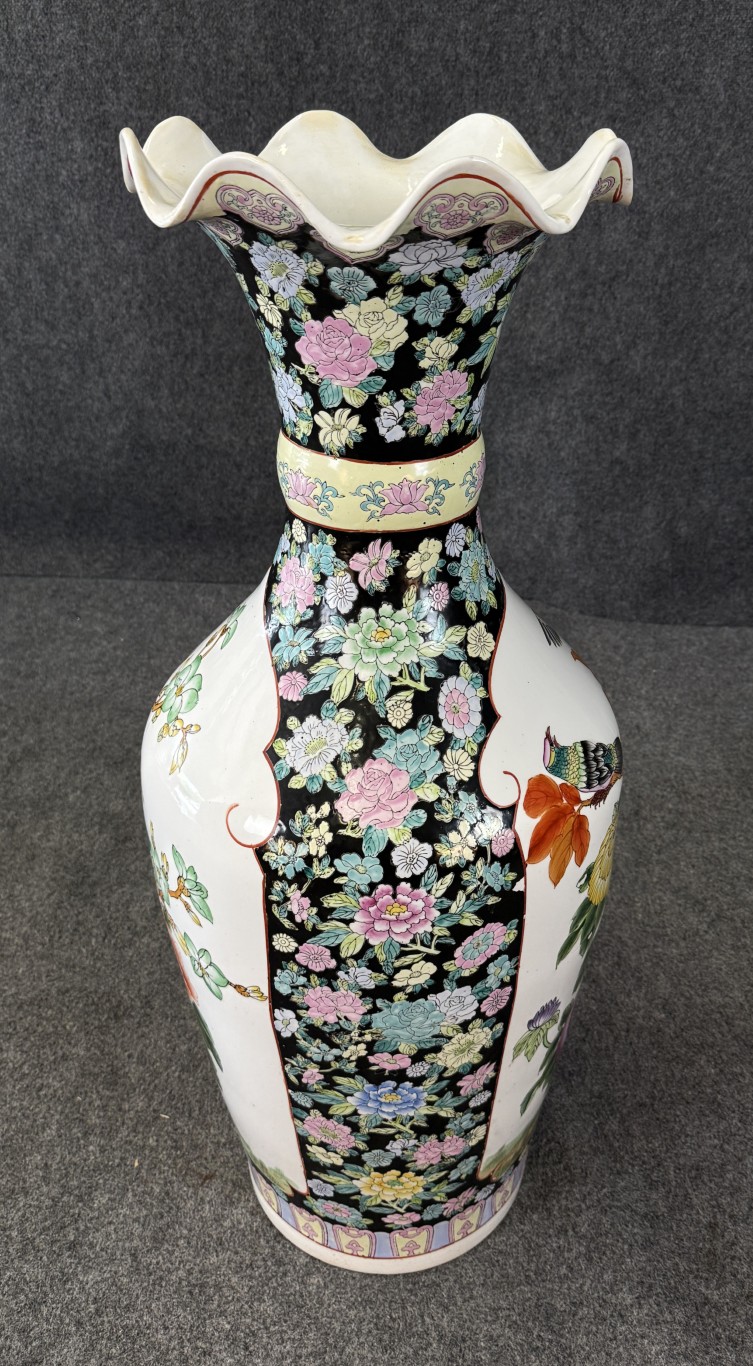 Monumental Asian Palace Vases with Birds and Flowers with Yellow Banding Monumental Asian Palace Vases with Birds and Flowers with Yellow Banding