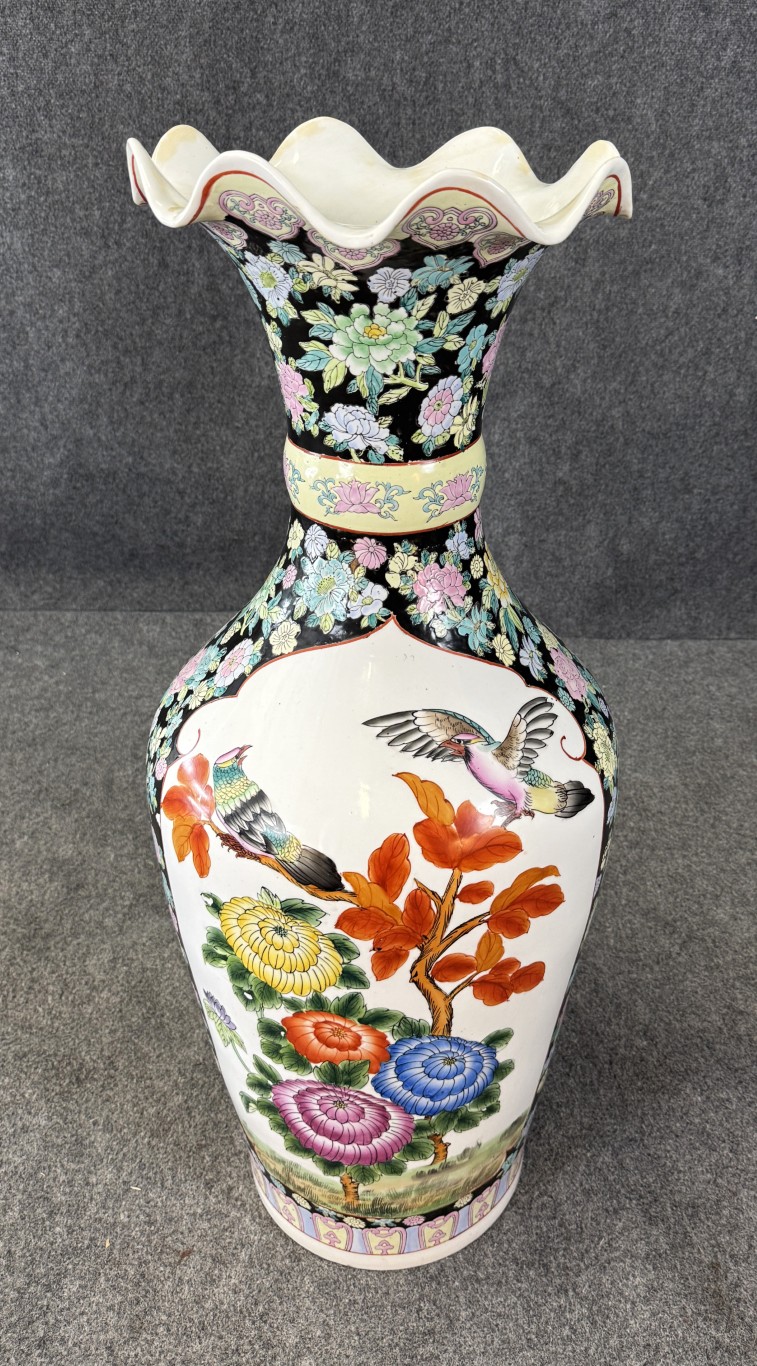 Monumental Asian Palace Vases with Birds and Flowers with Yellow Banding Monumental Asian Palace Vases with Birds and Flowers with Yellow Banding