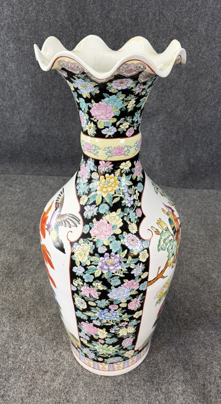 Monumental Asian Palace Vases with Birds and Flowers with Yellow Banding Monumental Asian Palace Vases with Birds and Flowers with Yellow Banding