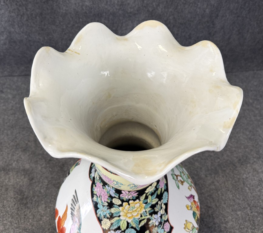 Monumental Asian Palace Vases with Birds and Flowers with Yellow Banding Monumental Asian Palace Vases with Birds and Flowers with Yellow Banding