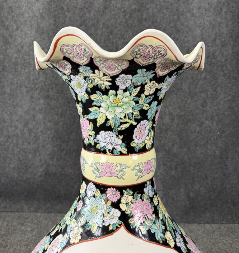 Monumental Asian Palace Vases with Birds and Flowers with Yellow Banding Monumental Asian Palace Vases with Birds and Flowers with Yellow Banding