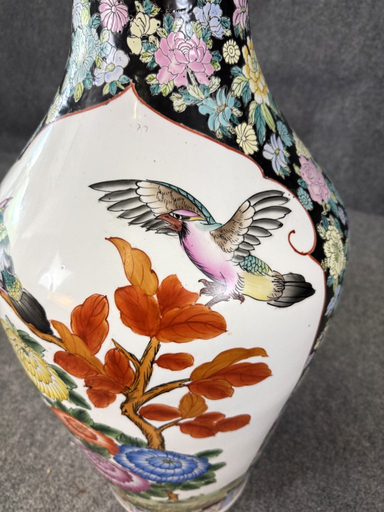 Monumental Asian Palace Vases with Birds and Flowers with Yellow Banding Monumental Asian Palace Vases with Birds and Flowers with Yellow Banding