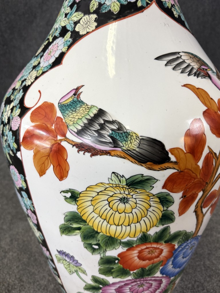 Monumental Asian Palace Vases with Birds and Flowers with Yellow Banding Monumental Asian Palace Vases with Birds and Flowers with Yellow Banding