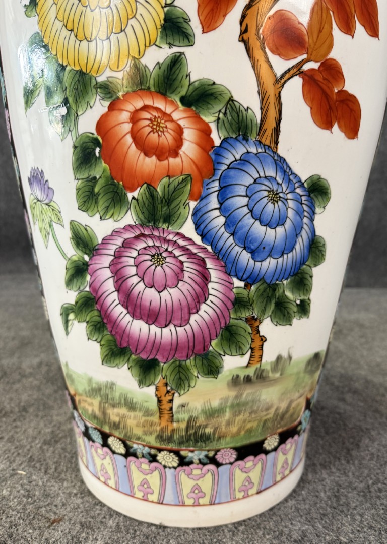 Monumental Asian Palace Vases with Birds and Flowers with Yellow Banding Monumental Asian Palace Vases with Birds and Flowers with Yellow Banding