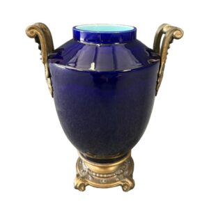 vEarly 1900's Cobalt Blue Ceramic Vase with Brass Handles