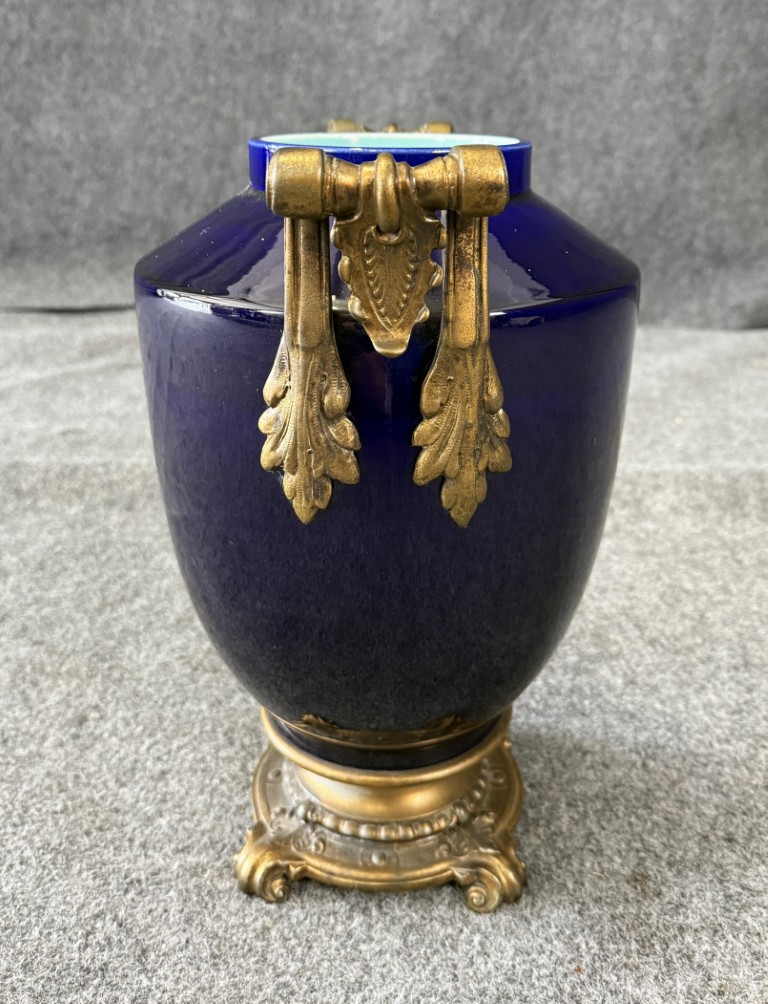 DR595 (2)Early 1900's Cobalt Blue Ceramic Vase with Brass Handles Early 1900's Cobalt Blue Ceramic Vase with Brass Handles