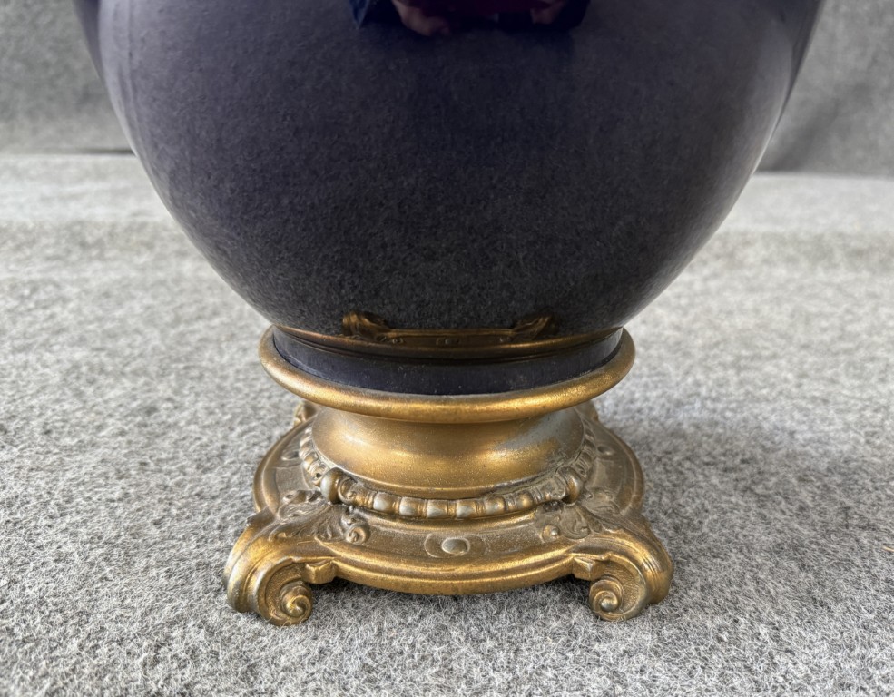 DR595 (6)Early 1900's Cobalt Blue Ceramic Vase with Brass Handles Early 1900's Cobalt Blue Ceramic Vase with Brass Handles