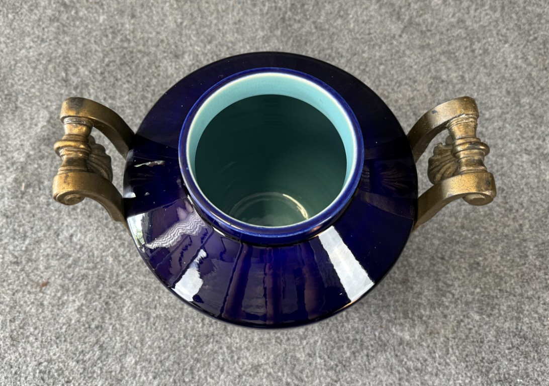 DR595 (7)Early 1900's Cobalt Blue Ceramic Vase with Brass Handles Early 1900's Cobalt Blue Ceramic Vase with Brass Handles
