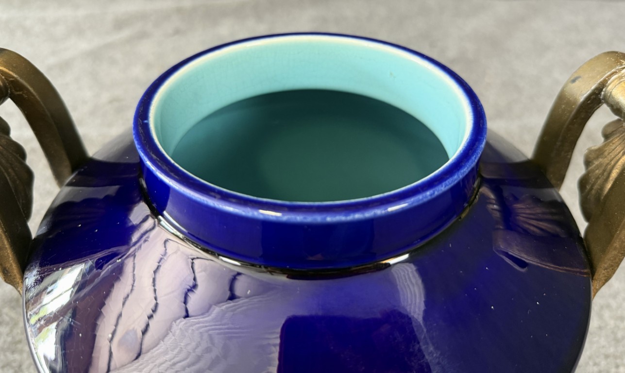 DR595 (8)Early 1900's Cobalt Blue Ceramic Vase with Brass Handles Early 1900's Cobalt Blue Ceramic Vase with Brass Handles