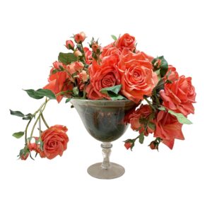 Faux Coral Rose Arrangement in Glass Compote Vase
