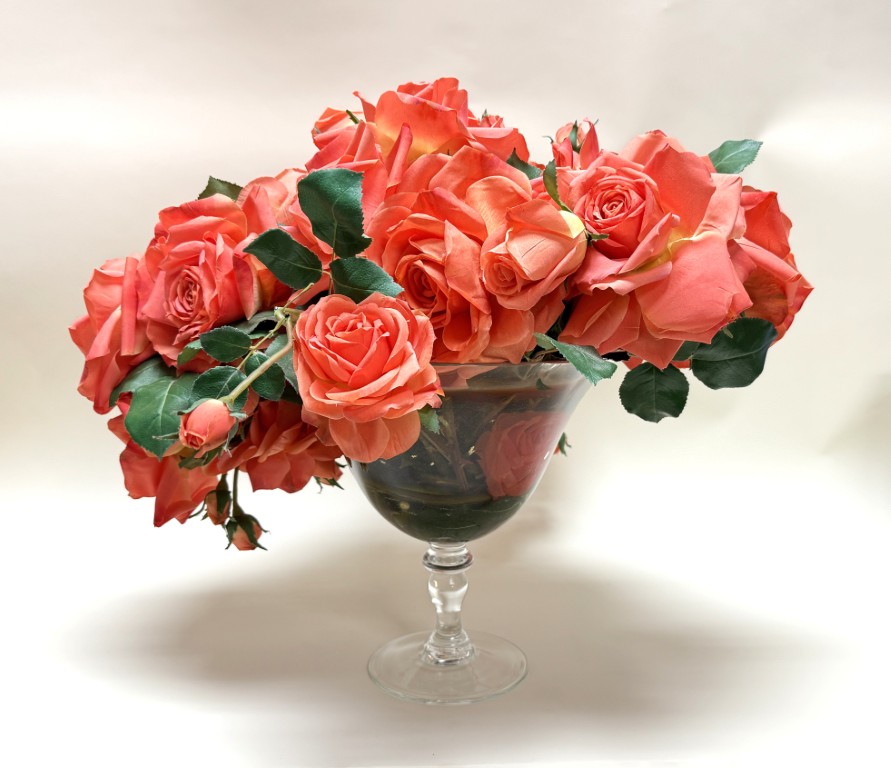 Faux Coral Rose Arrangement in Glass Compote Vase Faux Coral Rose Arrangement in Glass Compote Vase
