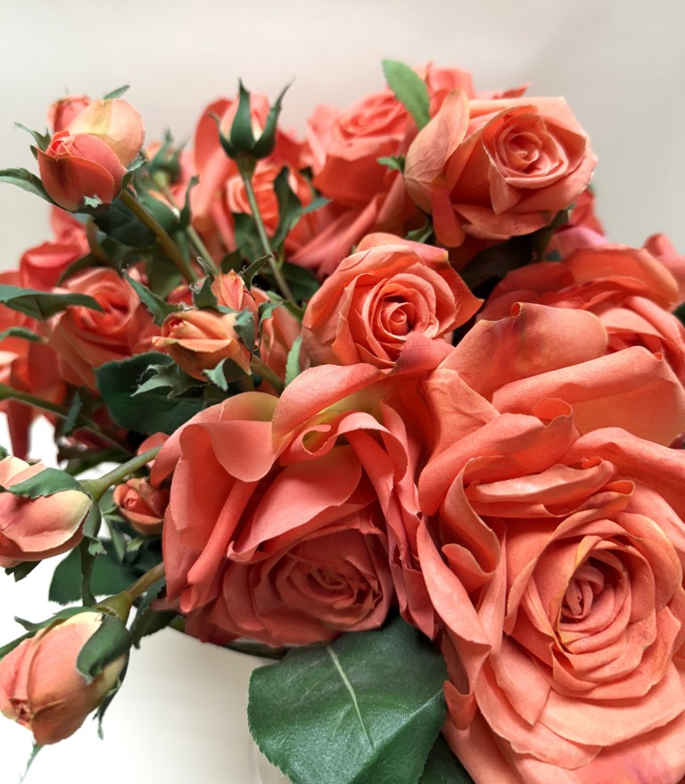 Faux Coral Rose Arrangement in Glass Compote Vase Faux Coral Rose Arrangement in Glass Compote Vase