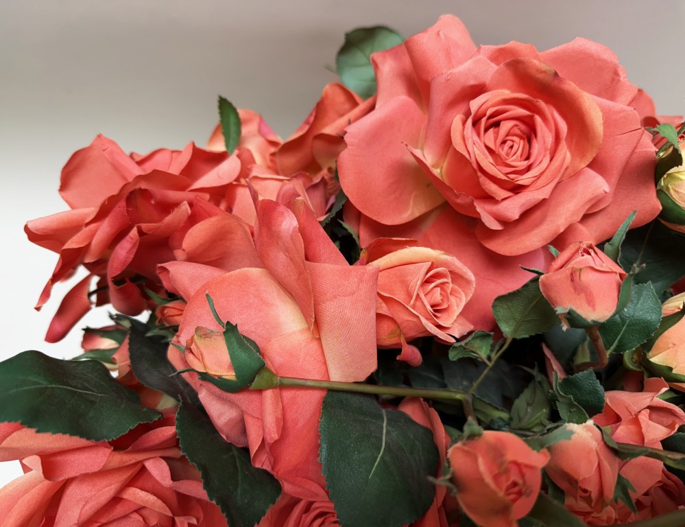Faux Coral Rose Arrangement in Glass Compote Vase Faux Coral Rose Arrangement in Glass Compote Vase