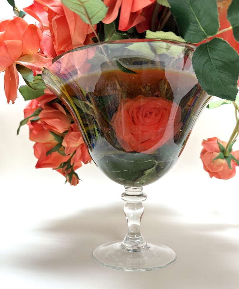 Faux Coral Rose Arrangement in Glass Compote Vase Faux Coral Rose Arrangement in Glass Compote Vase
