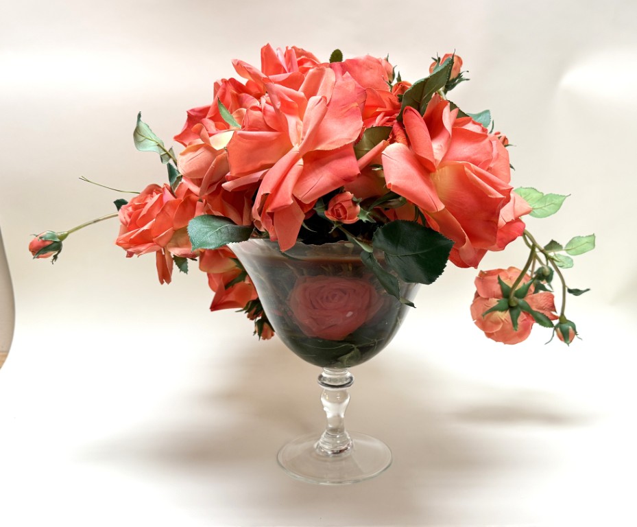 Faux Coral Rose Arrangement in Glass Compote Vase Faux Coral Rose Arrangement in Glass Compote Vase