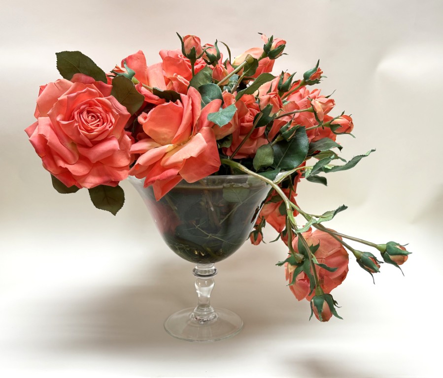 Faux Coral Rose Arrangement in Glass Compote Vase Faux Coral Rose Arrangement in Glass Compote Vase