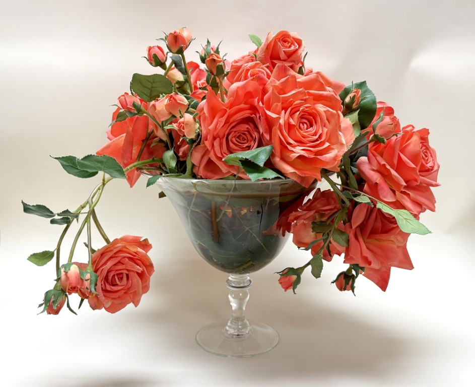 Faux Coral Rose Arrangement in Glass Compote Vase Faux Coral Rose Arrangement in Glass Compote Vase