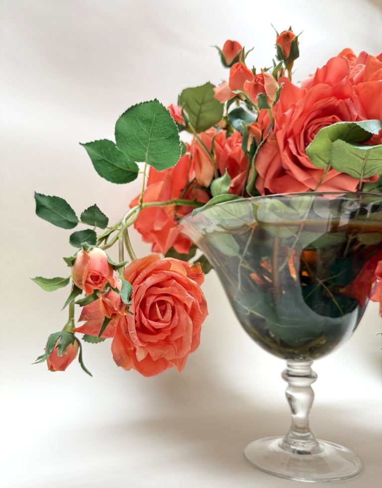 Faux Coral Rose Arrangement in Glass Compote Vase Faux Coral Rose Arrangement in Glass Compote Vase