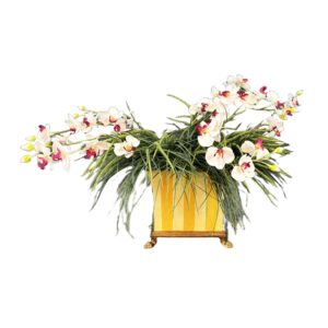 Yellow Claw Foot Planter with Faux White Orchids