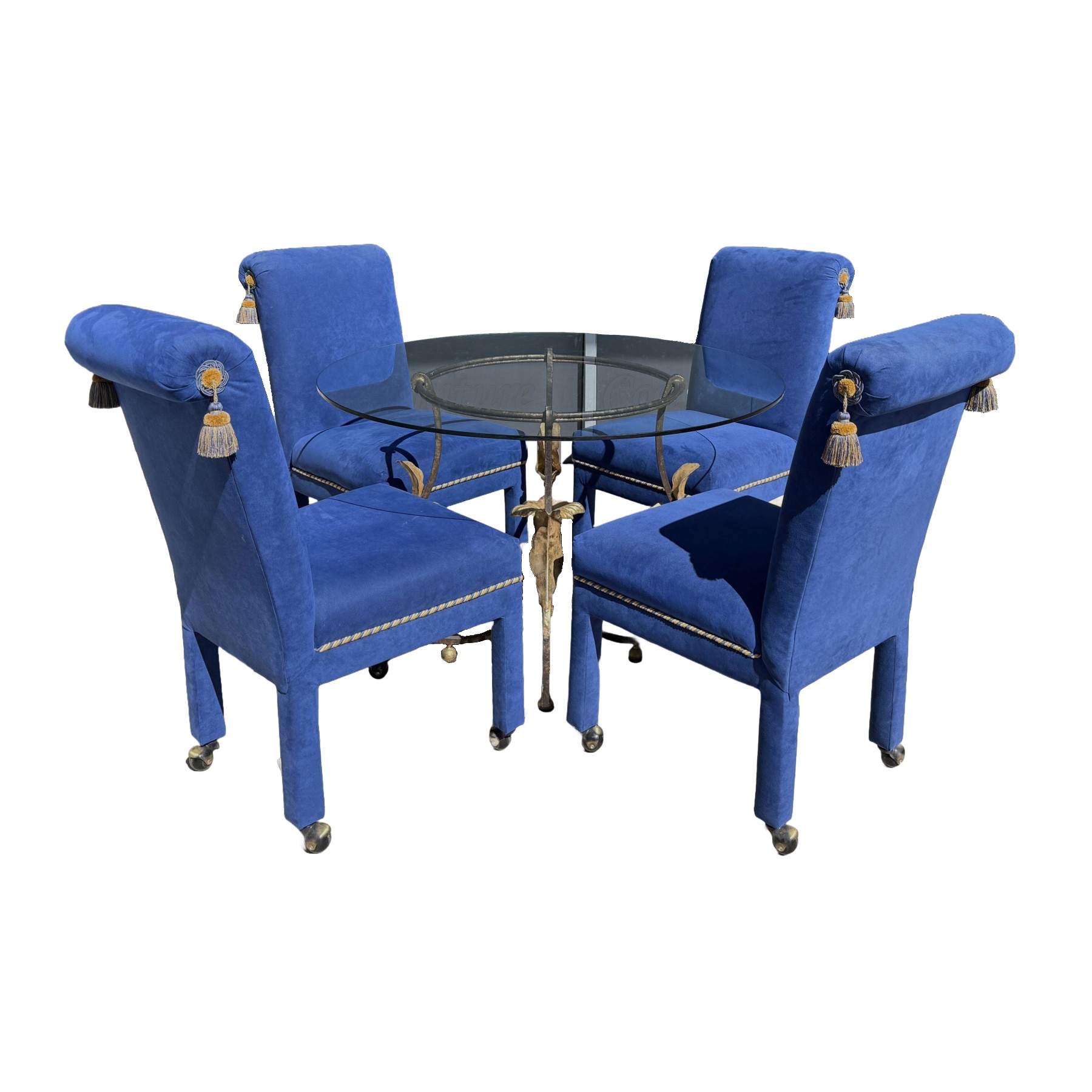 5 Piece Dining Set with Round Glass Top Table and Royal Blue Chairs with Tassels 5 Piece Dining Set with Round Glass Top Table and Royal Blue Chairs with Tassels