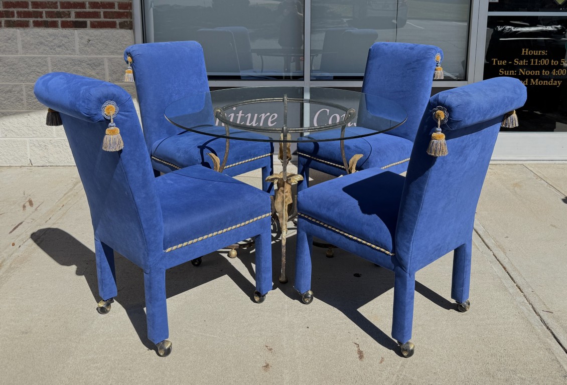 5 Piece Dining Set with Round Glass Top Table and Royal Blue Chairs with Tassels 5 Piece Dining Set with Round Glass Top Table and Royal Blue Chairs with Tassels