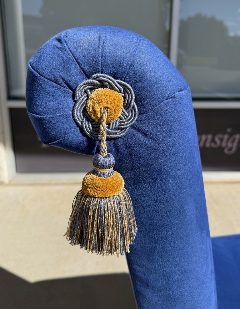 5 Piece Dining Set with Round Glass Top Table and Royal Blue Chairs with Tassels 5 Piece Dining Set with Round Glass Top Table and Royal Blue Chairs with Tassels