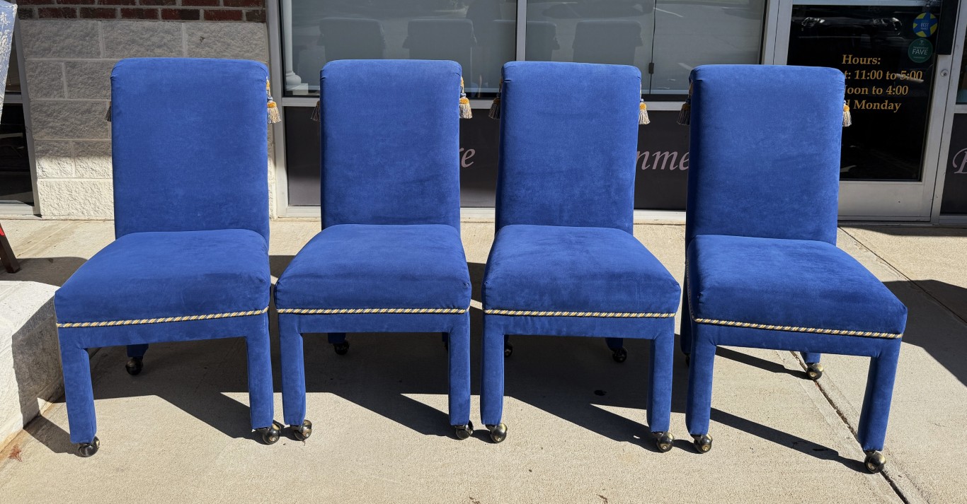 5 Piece Dining Set with Round Glass Top Table and Royal Blue Chairs with Tassels 5 Piece Dining Set with Round Glass Top Table and Royal Blue Chairs with Tassels