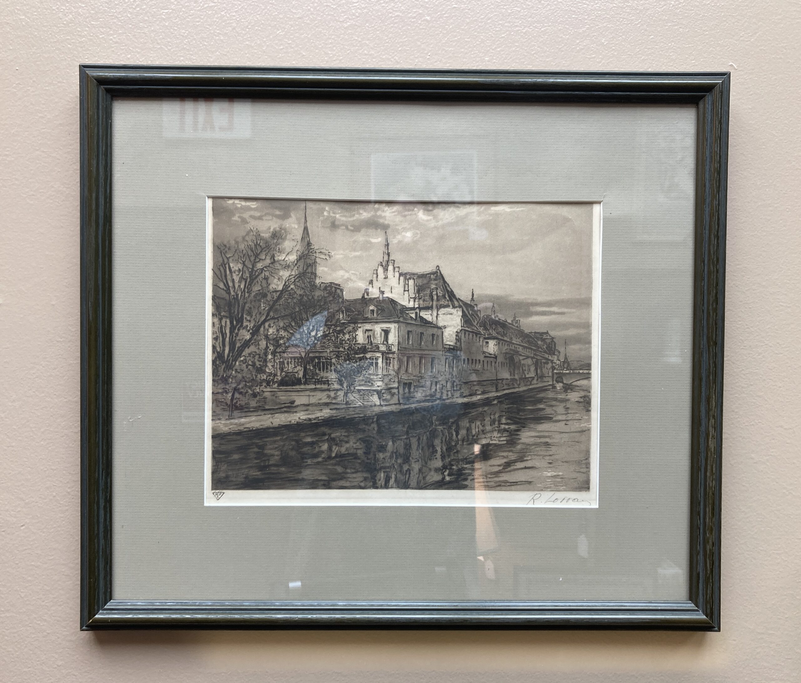 Signed Engraving of European Canal Scene Signed Engraving of European Canal Scene