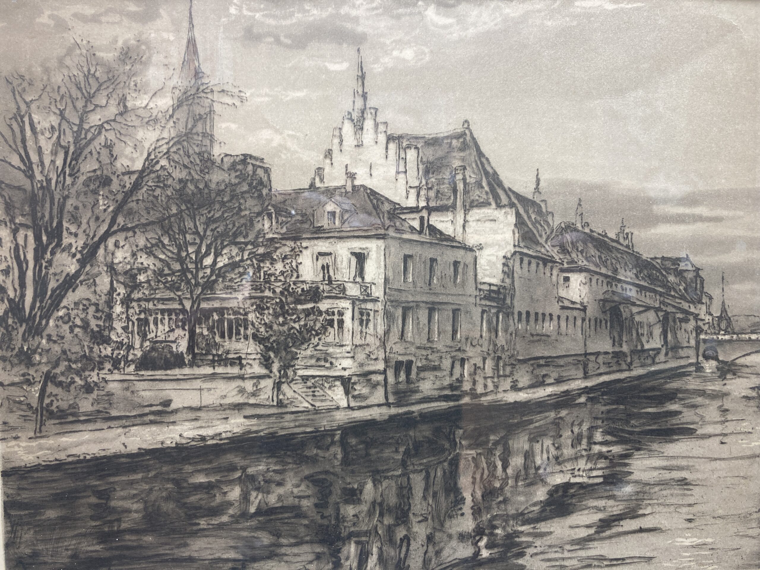 Signed Engraving of European Canal Scene Signed Engraving of European Canal Scene