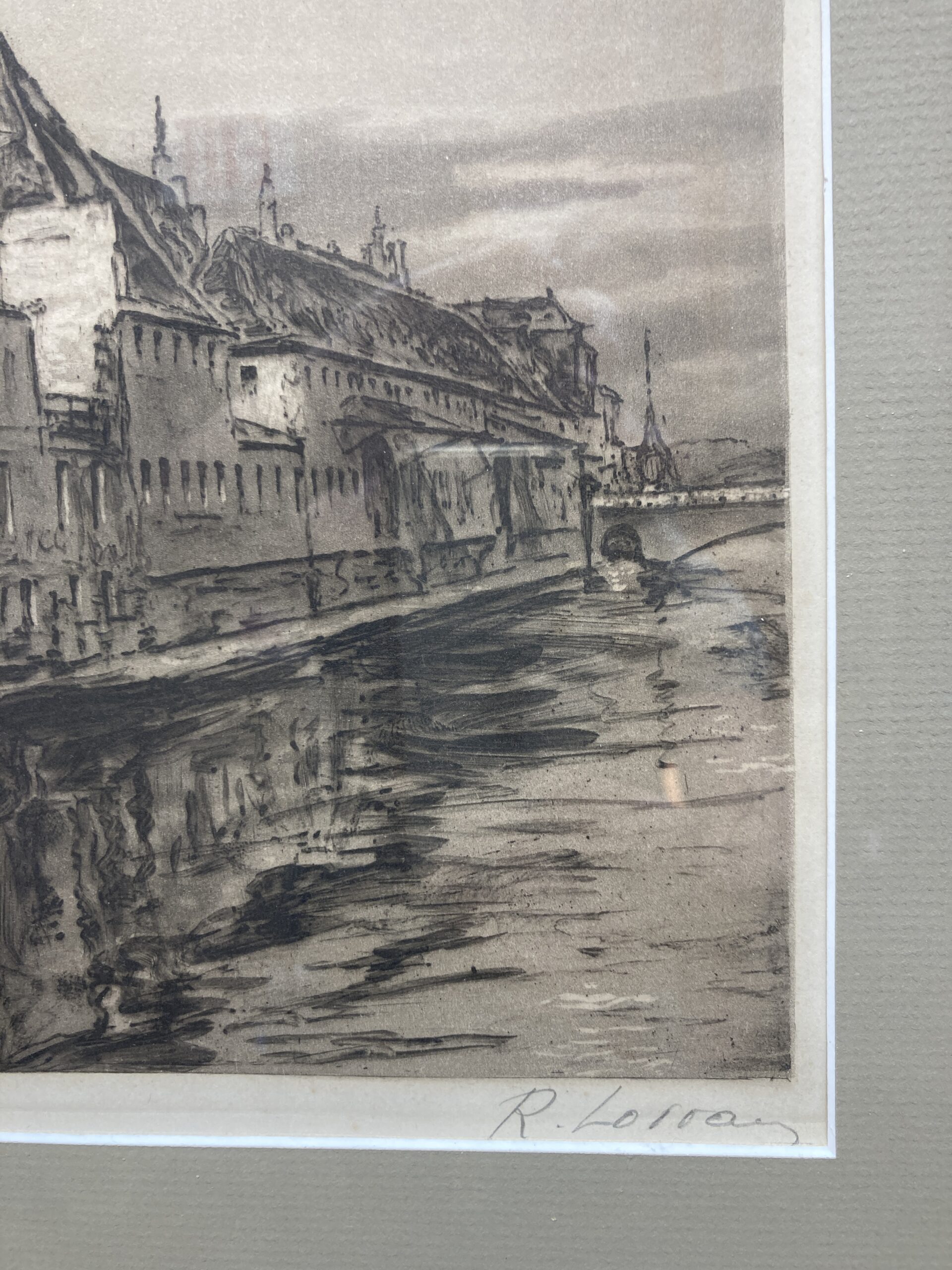 Signed Engraving of European Canal Scene Signed Engraving of European Canal Scene