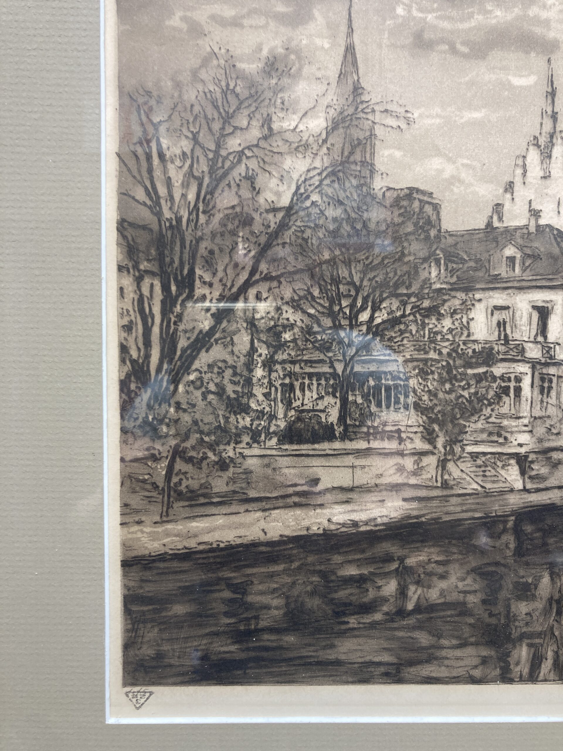 Signed Engraving of European Canal Scene Signed Engraving of European Canal Scene