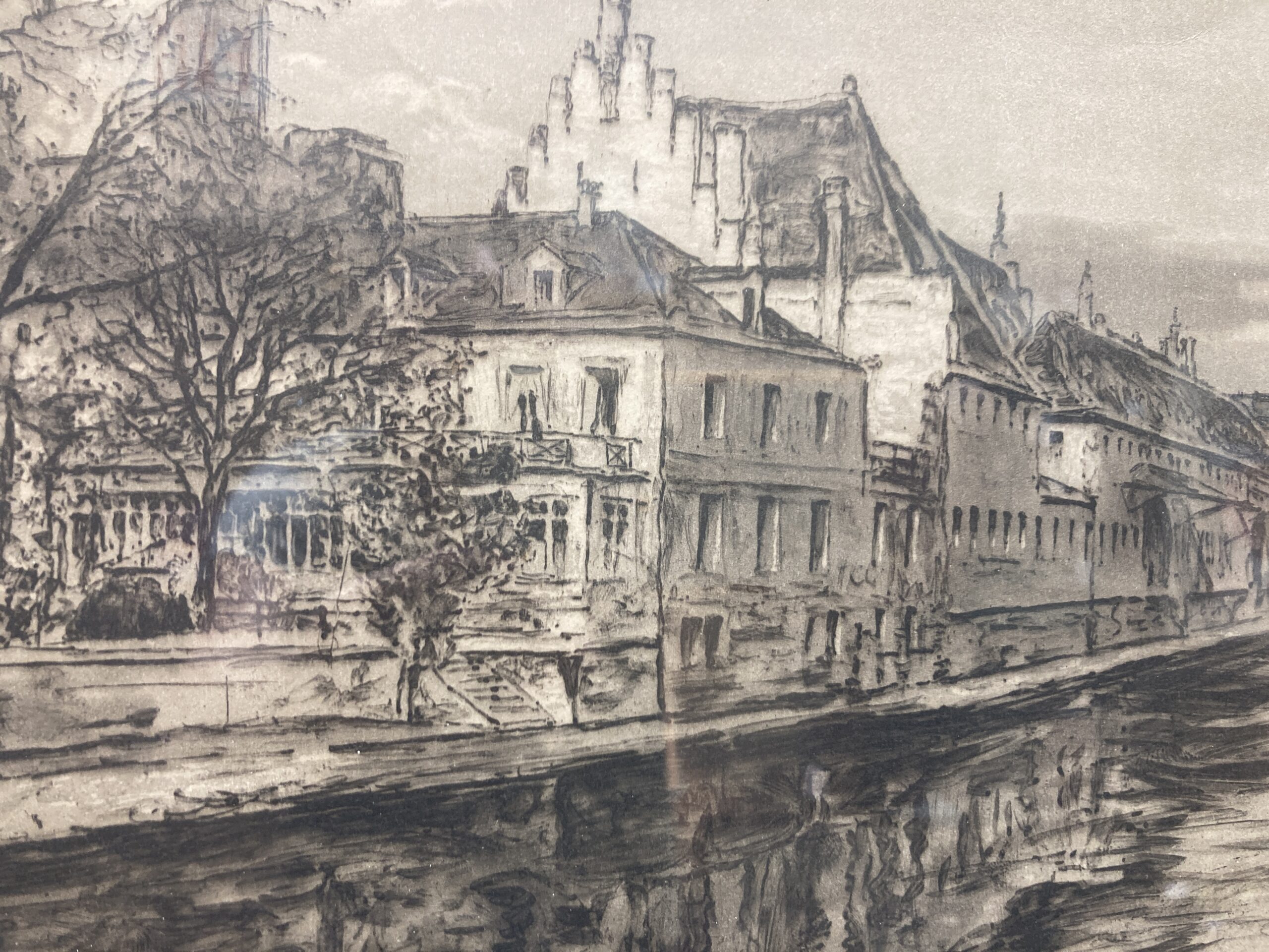 Signed Engraving of European Canal Scene Signed Engraving of European Canal Scene