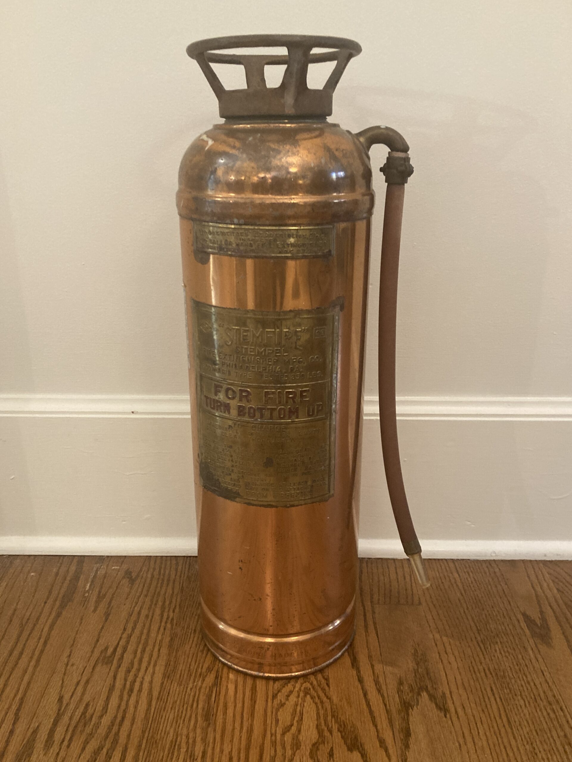 Vintage 'Stemfire' Stempel Copper and Brass Fire Extinguisher Vintage 'Stemfire' Stempel Copper and Brass Fire Extinguisher