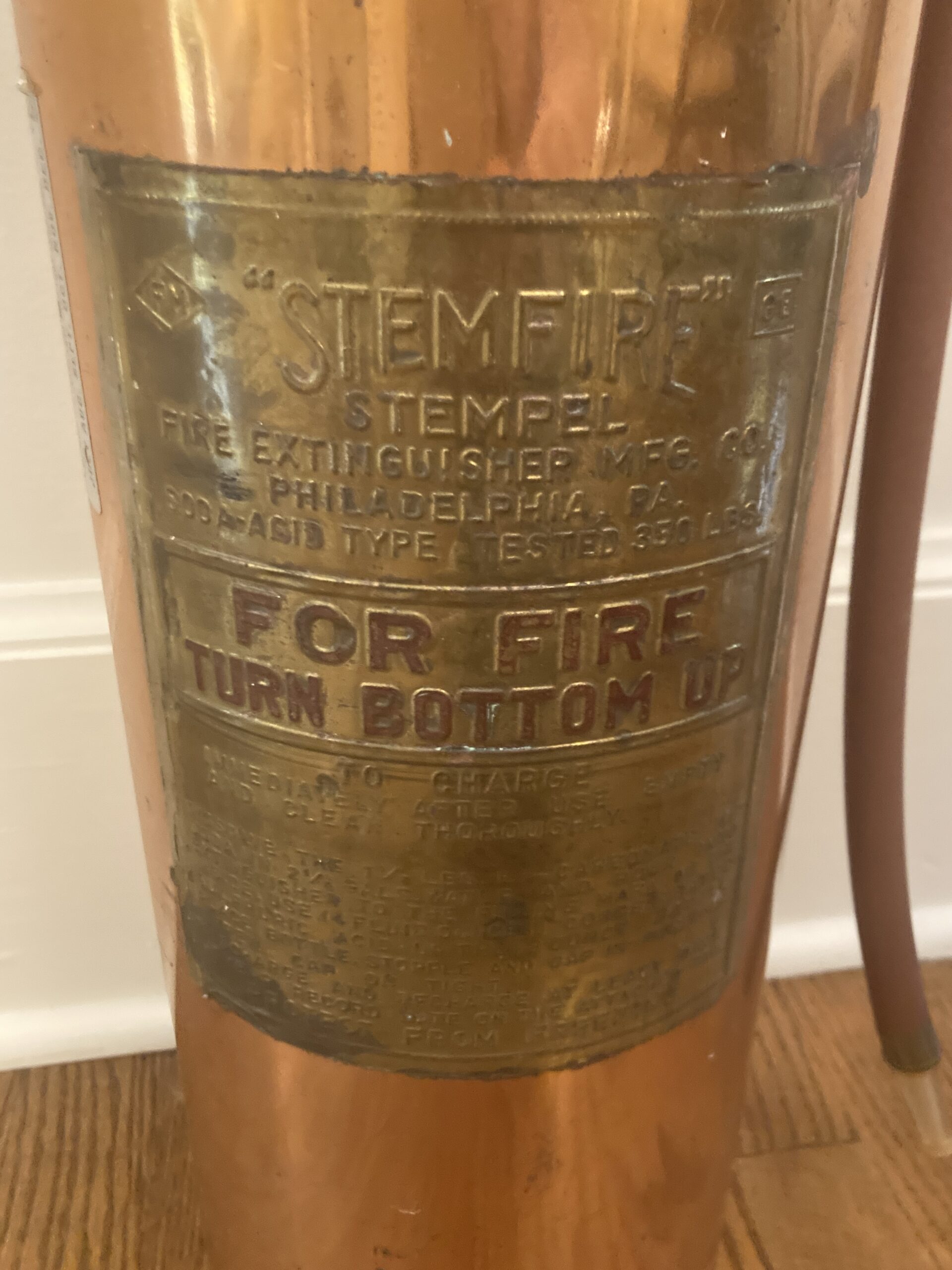 Vintage 'Stemfire' Stempel Copper and Brass Fire Extinguisher Vintage 'Stemfire' Stempel Copper and Brass Fire Extinguisher