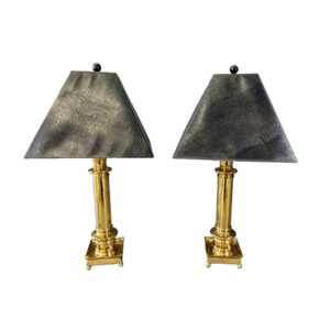 Pair of Heavy Brass Table Lamps with Black Shades