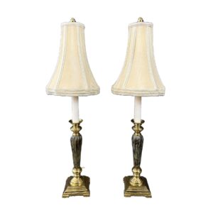 Pair of Brass and Green Stone Candlestick Lamps & Shades