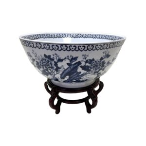 Japanese Blue & White Bowl on Wooden Stand
