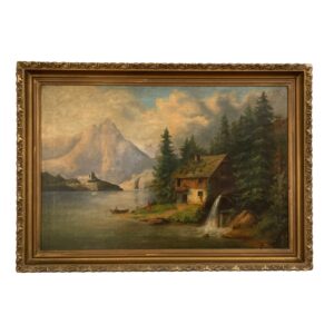 19th Century Original Oil on Canvas Painting of Alpine Landscape with Mill